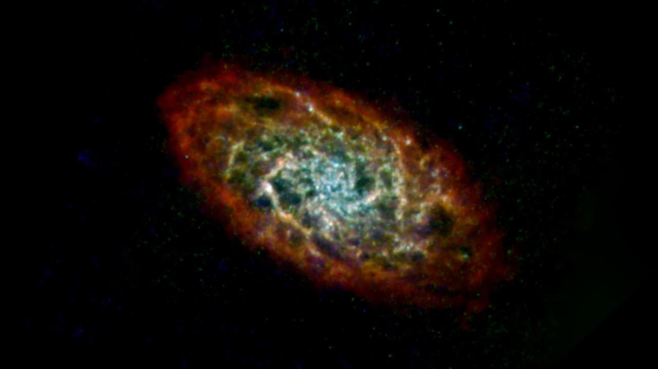 This image of the Triangulum galaxy, or M33, includes data from the ESA (European Space Agency) Herschel mission, supplemented with data from ESA's retired Planck observatory and two retired NASA missions: the Infrared Astronomical Satellite (IRAS) and Cosmic Background Explorer (COBE).      Operated from 2009 to 2013, Herschel detected wavelengths of light in the far-infrared and microwave ranges, and was ideal for studying dust in nearby galaxies because it could capture small-scale structures in the dust clouds in high resolution. However, Herschel often couldn't detect light from diffuse dust clouds – especially in the outer regions of galaxies, where the gas and dust become sparse and thus fainter. As a result, the mission missed up to 30% of all the light given off by dust. Combining the Herschel observations with data from other observatories creates a more complete picture of the dust in the galaxy.      In the image, red indicates hydrogen gas; green indicates cold dust; and warmer dust is shown in blue. Launched in 1983, IRAS was the first space telescope to detect infrared light, setting the stage for future observatories like NASA's Spitzer Space Telescope and James Webb Space Telescope. The Planck observatory, launched in 2009, and COBE, launched in 1989, both studied the cosmic microwave background, or light left over from the big bang.      The hydrogen gas was detected using the Green Bank Telescope in West Virginia, the Karl G. Jansky Very Large Array in New Mexico, and the Institute for Radio Astronomy in the Millimeter Range 30-meter telescope in Spain.  https://photojournal.jpl.nasa.gov/catalog/PIA25165