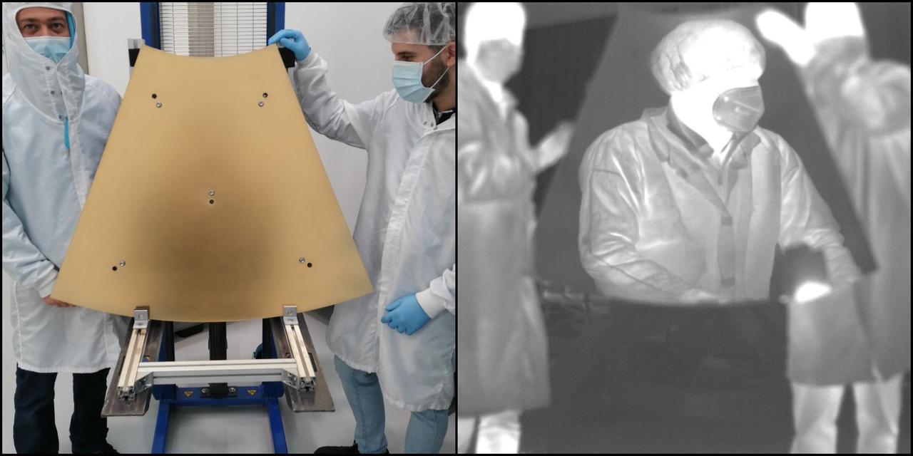 A gold-coated mirror panel on NASA's Astrophysics Stratospheric Telescope for High Spectral Resolution Observations at Submillimeter-wavelengths mission, or ASTHROS, appears blurry to the naked eye, as seen at left. But when photographed with an infrared camera, right, the panel reflects a technician's image as clearly as if the person were looking in a mirror.  NASA contracted Media Lario, an optics company in Bosisio Parini, Italy, to design and produce ASTHROS' full telescope unit, including the primary mirror, a secondary mirror, and supporting structure (called the cradle). The cradle is shown here at Media Lario.  The mission's main science goal is to study stellar feedback, the process by which living stars disperse and reshape clouds of gas and dust that may eventually form new stars. Feedback regulates star formation in many galaxies, and too much can halt star formation entirely. ASTHROS will look at several star-forming regions in our galaxy where feedback takes place, and at distant galaxies containing millions of stars to see how feedback plays out at large scales and in different environments.  https://photojournal.jpl.nasa.gov/catalog/PIA25170