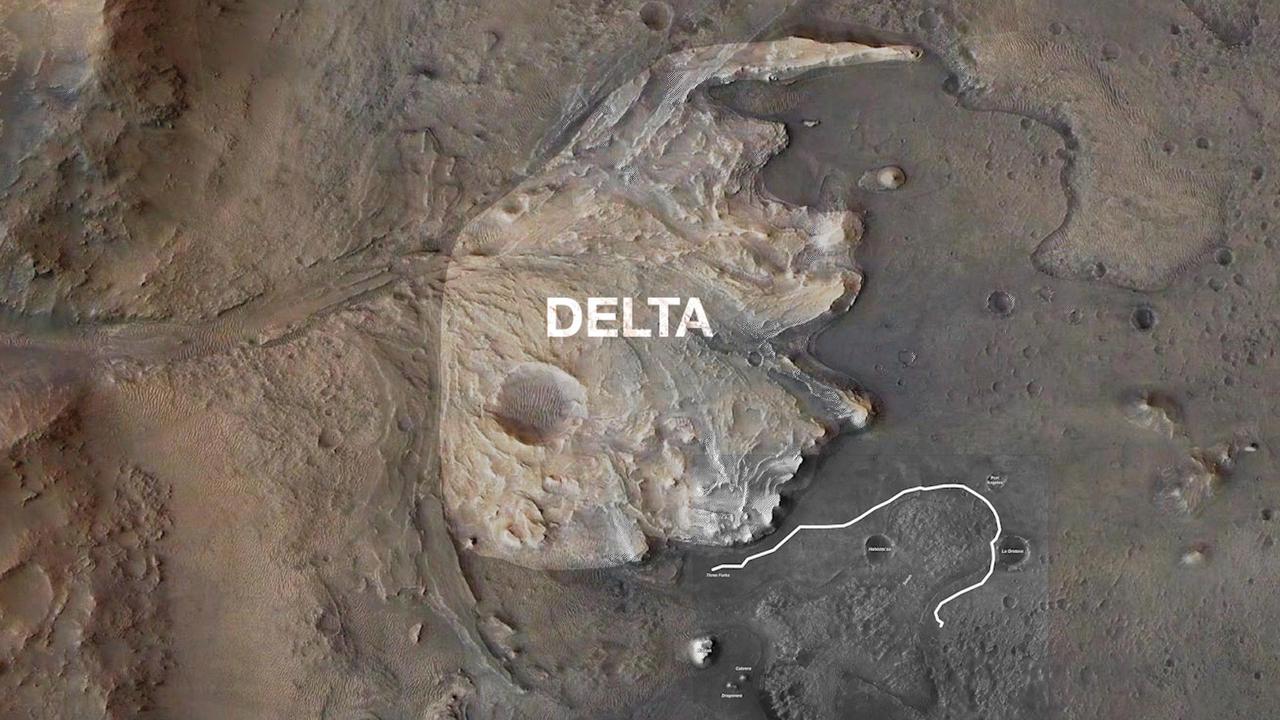 NASA's Perseverance Mars rover will follow the proposed route to Jezero Crater's delta shown in this annotated animated GIF. The delta is one the most important locations the rover will visit as it seeks signs of ancient life on Mars. This map includes data from the HiRISE camera aboard NASA's Mars Reconnaissance Orbiter. A key objective for Perseverance's mission on Mars is astrobiology, including the search for signs of ancient microbial life. The rover will characterize the planet's geology and past climate, pave the way for human exploration of the Red Planet, and be the first mission to collect and cache Martian rock and regolith (broken rock and dust). Subsequent NASA missions, in cooperation with ESA (European Space Agency), would send spacecraft to Mars to collect these sealed samples from the surface and return them to Earth for in-depth analysis. The Mars 2020 Perseverance mission is part of NASA's Moon to Mars exploration approach, which includes Artemis missions to the Moon that will help prepare for human exploration of the Red Planet. Movie available at