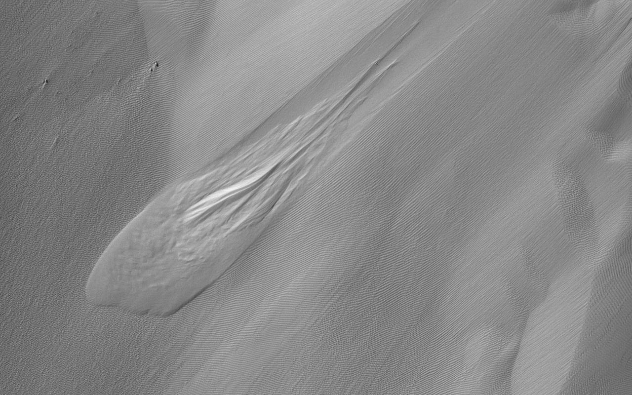 In geology, a slump forms a mass of loosely consolidated material or a rock layer moves a short distance down a slope. The movement is characterized by sliding along a concave-upward or planar surface.  Based on other HiRISE images, this particular slump occurred between 9 March 2020 and 17 February 2021, corresponding to the relatively warm spring and summer of the Southern Hemisphere. This is among the largest active slumps documented on Mars, about 700 meters (0.4 mile) long.  Causes of slumping on Earth include earthquake shocks, reduction of friction through wetting, freezing and thawing, undercutting (such as from a stream), and loading of a slope. Based on the geomorphology of this region and other active slumps seen on Mars, we suspect loading of the slope via smaller-scale activity like gullies, recurring slope lineae and windblown deposits may have contributed to the slumping. Perhaps a Marsquake triggered the movement.  Note to future Mars explorers: setting up camp at the base of this slope is not recommended.  https://photojournal.jpl.nasa.gov/catalog/PIA25189