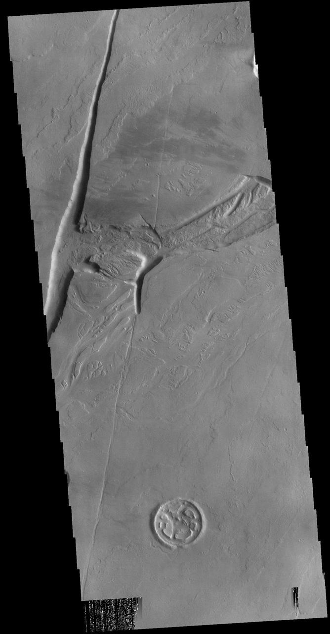 Today's VIS image shows a section of Olympica Fossae. Olympica Fossae is a complex channel located on the volcanic plains between Alba Mons and Olympus Mons. The sinuosity of the channels in the middle of the image indicates that these channels were created by liquid flow. In this case the location and other surface features point to lava rather than water as the liquid. Orbit Number: 88489 Latitude: 22.8561 Longitude: 242.996 Instrument: VIS Captured: 2021-11-25 11:51 https://photojournal.jpl.nasa.gov/catalog/PIA25198