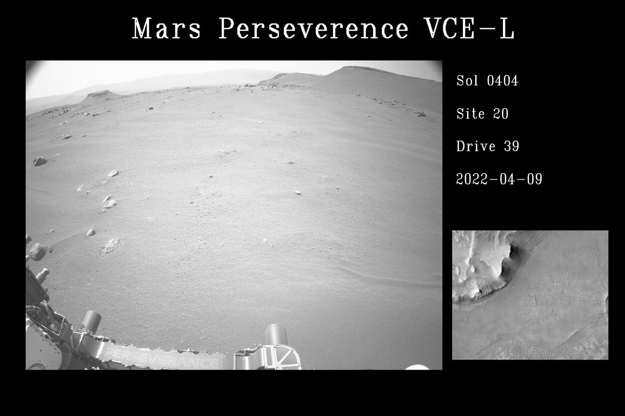This video shows NASA's Perseverance Mars rover using its auto-navigation, or AutoNav, technology to guide it during its drive to the delta. The video combines imagery taken on April 9, 2022, the 404th Martian day, or sol, of the mission, when Perseverance drove 841.7 feet (256.55 meters), with imagery taken on the following Martian day (sol 405), when it travelled 869.35 feet (264.98 meters).  AutoNav allows the rover to autonomously re-plan its route around rocks or other obstacles on its way to a pre-established destination. The video was taken by the rover's navigation cameras; they are capable of color, but black-and-white images are better for navigation. The video has been sped up by roughly 200 times with about 30 seconds between frames.  A key objective for Perseverance's mission on Mars is astrobiology, including the search for signs of ancient microbial life. The rover will characterize the planet's geology and past climate, pave the way for human exploration of the Red Planet, and be the first mission to collect and cache Martian rock and regolith (broken rock and dust).  Subsequent NASA missions, in cooperation with ESA (European Space Agency), would send spacecraft to Mars to collect these sealed samples from the surface and return them to Earth for in-depth analysis.  The Mars 2020 Perseverance mission is part of NASA's Moon to Mars exploration approach, which includes Artemis missions to the Moon that will help prepare for human exploration of the Red Planet.  Animation available at https://photojournal.jpl.nasa.gov/catalog/PIA25215