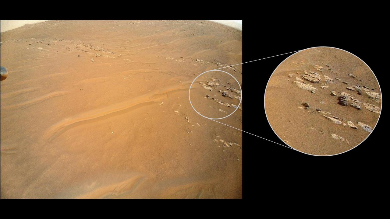 NASA's Ingenuity Mars Helicopter recently surveyed a ridgeline near the ancient river delta in Mars' Jezero Crater at request of the Perseverance rover's science team. On the left is the full image Ingenuity acquired of the ridgeline on April 23, 2022, during its 27th flight. The science team calls the line of rocky outcrops running from the upper left to middle right of the main image "Fortun Ridge." Enlarged at right is a close-up of one of the ridgeline's rocky outcrops.  This portion of Jezero Crater is of interest to the science team because of the clear exposure of the rocky outcrops that define the boundary between two abutting crater floor geologic units, "Séítah" and "Máaz." The geology of both units is thought to be of igneous (volcanic) origin.  https://photojournal.jpl.nasa.gov/catalog/PIA25220