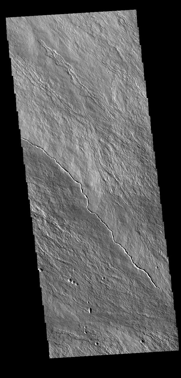 Today's VIS image is located on the upper slopes of Olympus Mons. Numerous thin lava flows are visible. The small raised channel is one mode of lava emplacement where the flow builds up cooling levees along both sides of the channel. Olympus Mons is the largest volcano in the solar system, reaching heights of over 40 km (25 miles) tall from base to summit, with the base covering an area as large as the state of Arizona. For comparison, Mauna Loa is 9 km (5.5 miles) tall measured from its base on the sea floor.  Orbit Number: 87404 Latitude: 19.745 Longitude: 225.085 Instrument: VIS Captured: 2021-08-28 03:42  https://photojournal.jpl.nasa.gov/catalog/PIA25223