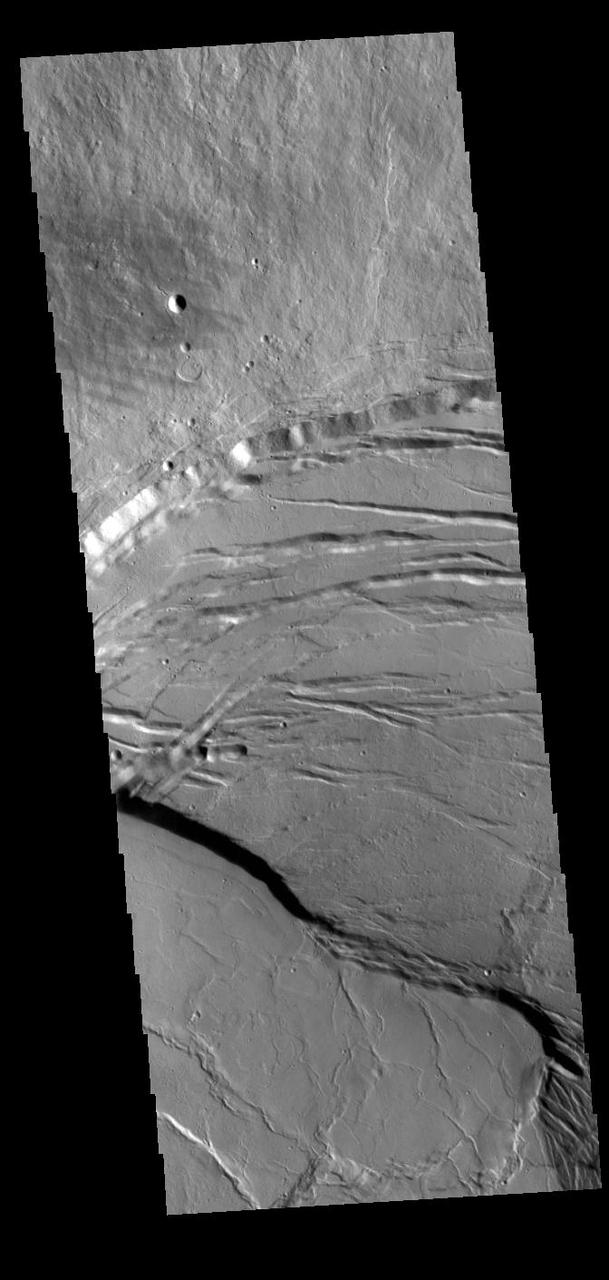 Today's VIS image shows part of the summit caldera of Olympus Mons. Scarps and extensional features (graben) record multiple stages of caldera collapse at the summit of Olympus Mons. Olympus Mons is the largest volcano in the solar system, reaching heights over 40 km (25 miles) tall from base to summit, with the base covering an area as large as the state of Arizona. For comparison, Mauna Loa is 9 km (5.5 miles) tall measured from its base on the sea floor.  Orbit Number: 87666 Latitude: 18.7403 Longitude: 226.733 Instrument: VIS Captured: 2021-09-18 17:27  https://photojournal.jpl.nasa.gov/catalog/PIA25230