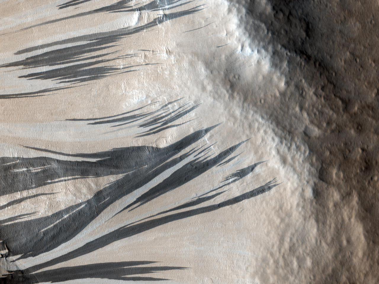 These dark streaks, also known as "slope streaks," in an area of Mars called Acheron Fossae resulted from dust avalanches. The High-Resolution Imaging Science Experiment (HiRISE) camera aboard NASA's Mars Reconnaissance Orbiter captured them on Dec. 3, 2006.  https://photojournal.jpl.nasa.gov/catalog/PIA25234