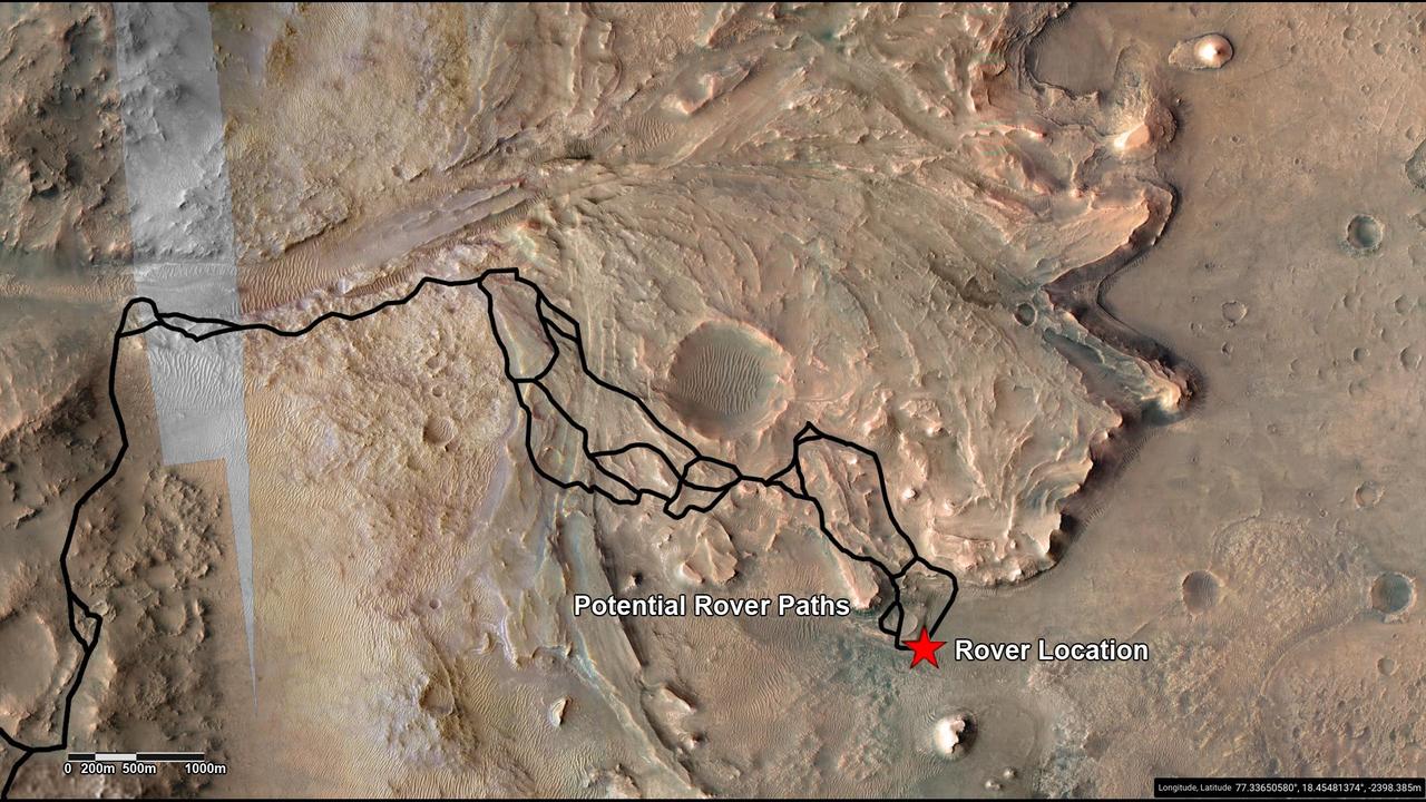 This annotated image highlights potential routes that NASA's Perseverance team is considering in September 2022 for the rover to drive from the front of an ancient river delta to the rim of Jezero Crater. The team will continue to investigate the Martian terrain and consider the science potential of these options before choosing the rover's route. The Perseverance team and the U.S. Geological Survey collaborated on the base map seen here, combining multiple images from the High Resolution Imaging Experiment (HiRISE) camera with color from the Compact Reconnaissance Imaging Spectrometer for Mars (CRISM), both instruments aboard NASA's Mars Reconnaissance Orbiter (MRO). The HiRISE images used span a period from 2007 to 2017. Perseverance landed on the floor of Jezero Crater on Feb. 18, 2021. The delta, which Perseverance reached in April 2022, is a fan-shaped area where an ancient river once flowed into an ancient lake and deposited rocks and sediment. A key objective for Perseverance's mission on Mars is astrobiology, including the search for signs of ancient microbial life. The rover will characterize the planet's geology and past climate, pave the way for human exploration of the Red Planet, and be the first mission to collect and cache Martian rock and regolith (broken rock and dust). Subsequent NASA missions, in cooperation with ESA (European Space Agency), would send spacecraft to Mars to collect these sealed samples from the surface and return them to Earth for in-depth analysis. The Mars 2020 Perseverance mission is part of NASA's Moon to Mars exploration approach, which includes Artemis missions to the Moon that will help prepare for human exploration of the Red Planet. https://photojournal.jpl.nasa.gov/catalog/PIA25244