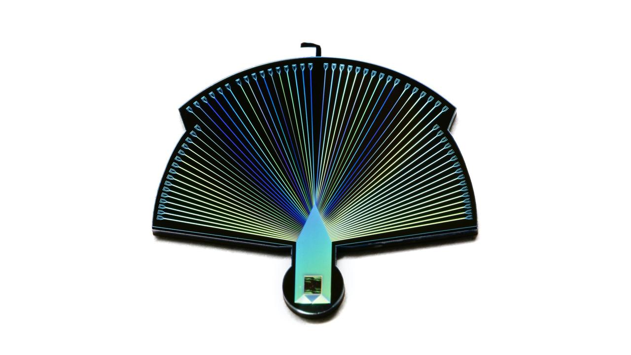 This close-up photograph shows a single Performance-Enhanced Array for Counting Optical Quanta (PEACOQ) detector. Smaller than a dime, a single detector consists of 32 niobium nitride superconducting nanowires on a silicon chip, which is attached to connectors that fan out like the plumage of the device's namesake. Each individual nanowire is about 10,000 times thinner than a human hair and the active detector (housed inside the green-black square at the bottom of the device) measures only 13 microns across.  Figure A shows a silicon wafer that has had 32 PEACOQ detectors printed onto it by the Microdevices Laboratory at NASA's Jet Propulsion Laboratory in Southern California.  The exquisitely sensitive PEACOQ detector is being developed at JPL to detect single photons – quantum particles of light – at an extremely high rate. Like counting individual droplets of water while being sprayed by a firehose, each PEACOQ detector can measure the precise time each photon hits the detector (to within 100 trillionths of a second) at a rate of 1.5 billion photons per second. No other detector has achieved that rate.  The detector could help form a global quantum communications network, facilitating the transfer of data between quantum computers that are separated by hundreds of miles. PEACOQ detectors could be located at ground-based terminals to receive photons encoded with quantum information transmitted from space "nodes" aboard satellites orbiting Earth.  https://photojournal.jpl.nasa.gov/catalog/PIA25260