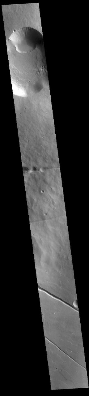 Today's VIS image shows a cross section of Albor Tholus, a volcano found in the Elysium volcanic complex. The volcanic caldera is at the top of the image. The caldera is unusual in that it is very deep compared to volcano height. The top elevation of Albor Tholus is approximately 4.5km, the deepest part of the caldera measures 3km below this [an elevation of only 1.5km].  Orbit Number: 87756 Latitude: 17.9743 Longitude: 150.411 Instrument: VIS Captured: 2021-09-26 03:18  https://photojournal.jpl.nasa.gov/catalog/PIA25267
