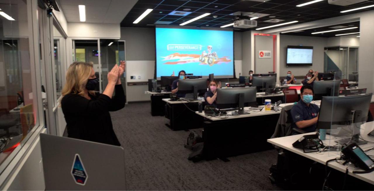 Jennifer Trosper, Mars Perseverance project manager, leads rover team members at JPL in a round of applause for students who were honored through the "You've Got Perseverance" campaign for overcoming obstacles in pursuit of their educational goals.  https://photojournal.jpl.nasa.gov/catalog/PIA25272