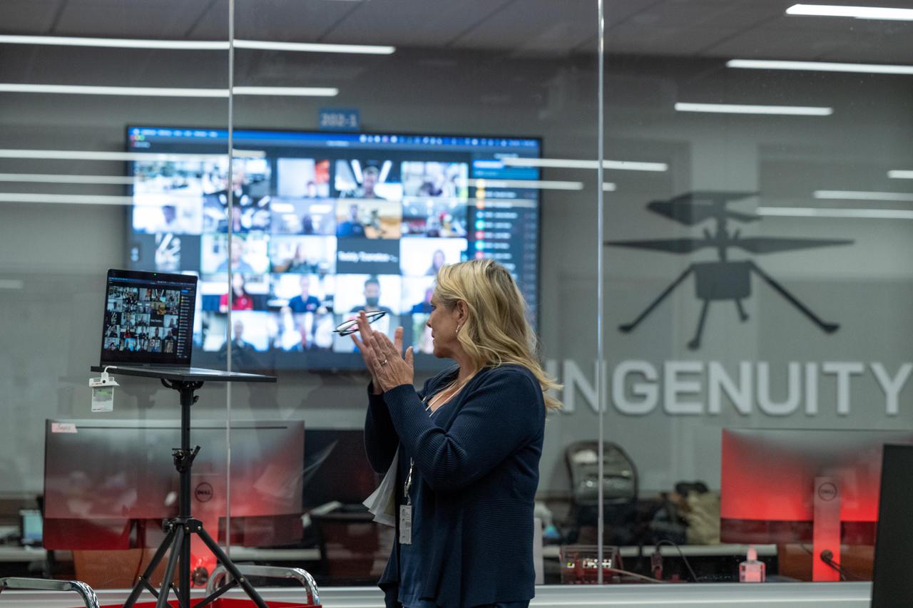 Perseverance rover Project Manager, Jennifer Trosper, led team members in applause in a control room at NASA's Jet Propulsion Laboratory in Southern California on April 5, 2022. The team honored 20 students via a live video event for overcoming academic obstacles. Each student received a personalized message from the rover on Mars.  https://photojournal.jpl.nasa.gov/catalog/PIA25275