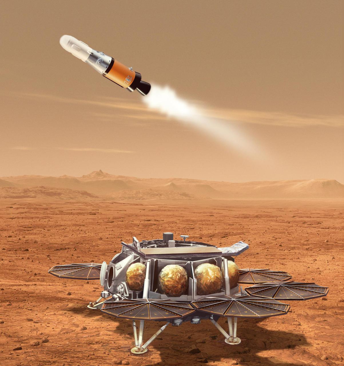 This illustration shows a concept for a proposed NASA Mars lander-and-rocket combination that would play a key role in returning to Earth samples of Mars material collected by the Perseverance rover. This Sample Retrieval Lander would carry a small rocket (about 10 feet, or 3 meters, tall) called the Mars Ascent Vehicle to the Martian surface. After using a robotic arm to load the rover's sealed sample tubes into a container in the nose cone of the rocket, the lander would launch the Mars Ascent Vehicle into orbit around the Red Planet.  The lander and rocket are part of the multimission Mars Sample Return program being planned by NASA and ESA (European Space Agency). The program would use multiple robotic vehicles to pick up and ferry sealed tubes containing Mars samples already collected by NASA's Perseverance rover, for transport to laboratories on Earth.  https://photojournal.jpl.nasa.gov/catalog/PIA25278