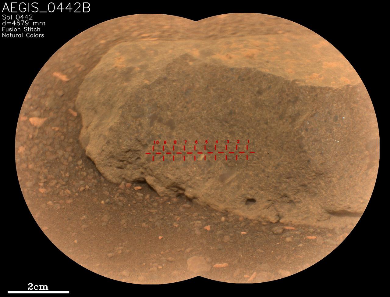 On May 18, 2022, NASA's Perseverance Mars rover used an artificial intelligence software called Autonomous Exploration for Gathering Increased Science (AEGIS) to select and target the rock seen in close-up here. It's one of two rocks that the AI for the first time helped Perseverance study without direction from the mission's team back on Earth.  AEGIS was developed by NASA's Jet Propulsion Laboratory in Southern California – which also built Perseverance – to collect data on rocks and other Martian features that the rover discovers while driving.  AEGIS is used in conjunction with Perseverance's SuperCam laser instrument, directing the laser to zap certain features that scientists have commanded the rover to look for. SuperCam used its Remote Micro-Imager (RMI) camera to take two images of this target, which were stitched together into the main picture seen here. The rock target, which was about 16 feet (5 meters) away from the rover, is named "AEGIS_0442B," referring to the Martian day, or sol, it was targeted (Sol 442) and that it was the second rock ("B") targeted by AEGIS on that sol. The red crosshairs seen across the rock target indicate each place AEGIS directed the laser to zap.  SuperCam is led by Los Alamos National Laboratory in New Mexico, where the instrument's body unit was developed. That part of the instrument includes several spectrometers as well as control electronics and software. The mast unit, including RMI, was developed and built by several laboratories of the CNRS (the French research center) and French universities under the contracting authority of Centre National d'Études Spatiales (CNES), the French space agency.  A key objective for Perseverance's mission on Mars is astrobiology, including the search for signs of ancient microbial life. The rover will characterize the planet's geology and past climate, pave the way for human exploration of the Red Planet, and be the first mission to collect and cache Martian rock and regolith (broken rock and dust).  Subsequent NASA missions, in cooperation with ESA (European Space Agency), would send spacecraft to Mars to collect these sealed samples from the surface and return them to Earth for in-depth analysis.  The Mars 2020 Perseverance mission is part of NASA's Moon to Mars exploration approach, which includes Artemis missions to the Moon that will help prepare for human exploration of the Red Planet.  https://photojournal.jpl.nasa.gov/catalog/PIA25289