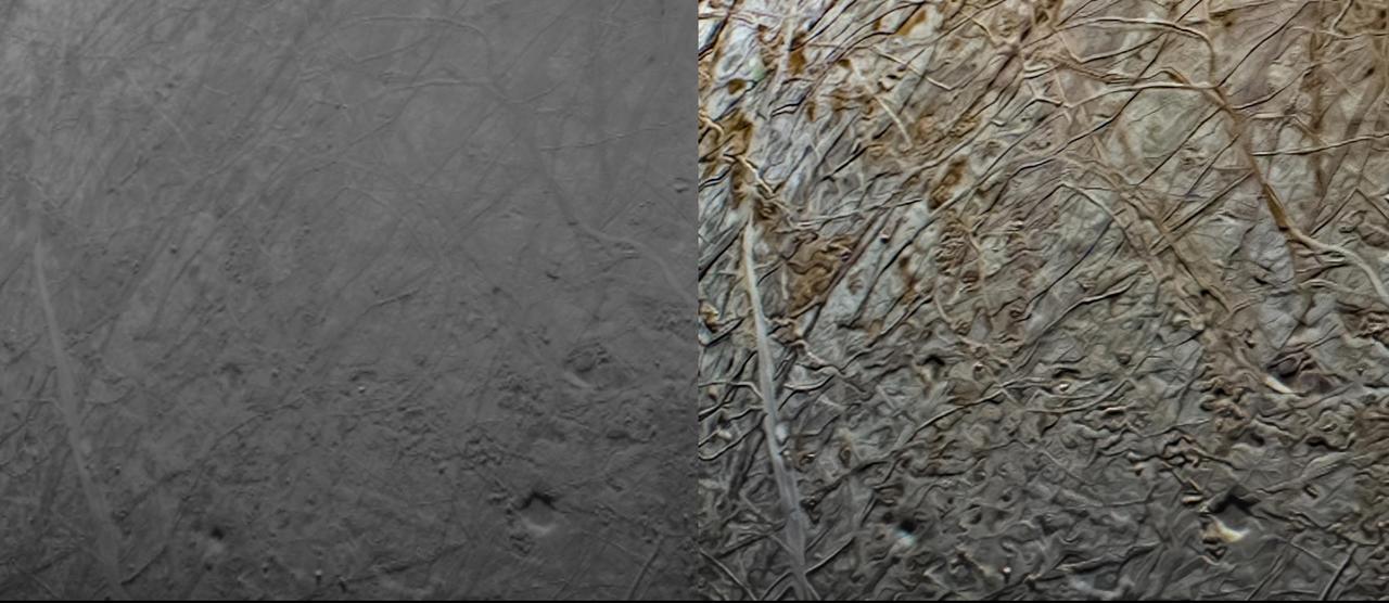 This pair of images shows the same portion of Jupiter's moon Europa before and after it was processed. The original (minimally processed) image, left, was captured by JunoCam, the public engagement camera aboard NASA's Juno spacecraft, during the mission's close flyby on Sept. 29, 2022. Captured at an altitude of 945 miles (1,521 kilometers) above a region of the moon called Annwn Regio, it was minimally processed.  Citizen scientist Navaneeth Krishnan reprocessed the image to produce the version on the right. The enhanced color contrast causes larger surface features to stand out more. An example of the results can be seen in the lower right of this image, where the pits and a small rectangular block (reflecting more light than surrounding features) cast notable shadows. Small-scale texturing of the surface in the image needs to be carefully studied to distinguish between features and artifacts from processing, but the image serves both art and science by drawing us deeper into Europa's alien landscape.  In processing raw images taken by JunoCam, members of the public create deep-space portraits of the Jovian moon that aren't only awe-inspiring but also worthy of further scientific scrutiny. Juno citizen scientists have played an invaluable role in processing the numerous JunoCam images obtained during science operations at Jupiter.  https://photojournal.jpl.nasa.gov/catalog/PIA25333