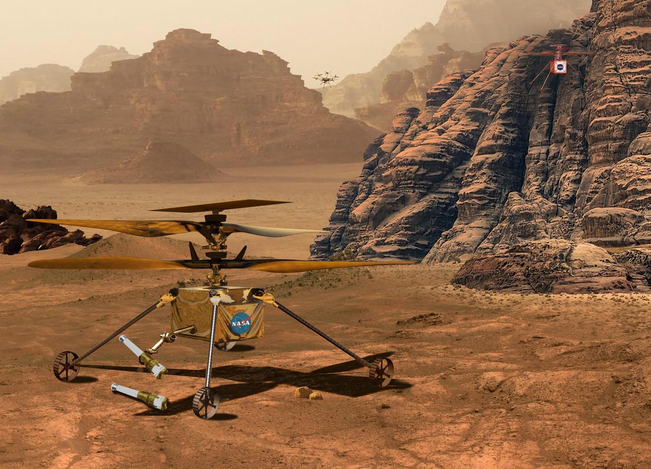 This illustration depicts three different of models of NASA's solar-powered Mars helicopter.      In the upper right is the Ingenuity Mars Helicopter, currently operating at Jezero Crater.      Depicted in the foreground is one of two Sample Recovery Helicopters slated to fly to Mars as part of the Mars Sample Return Campaign. NASA is developing the Sample Recovery Helicopters to serve as backups to the agency's Perseverance rover in transporting sample tubes to the Sample Return Lander.      In the upper center of image is the Mars Science Helicopter concept. A proposed follow-on to Ingenuity, the six-rotor Mars Science Helicopter could be used during future Mars missions to serve as an aerial scout and carry between 4.5 and 11 pounds (2 to 5 kilograms) of payload, including science instruments, to study terrain that rovers can't reach.  https://photojournal.jpl.nasa.gov/catalog/PIA25338