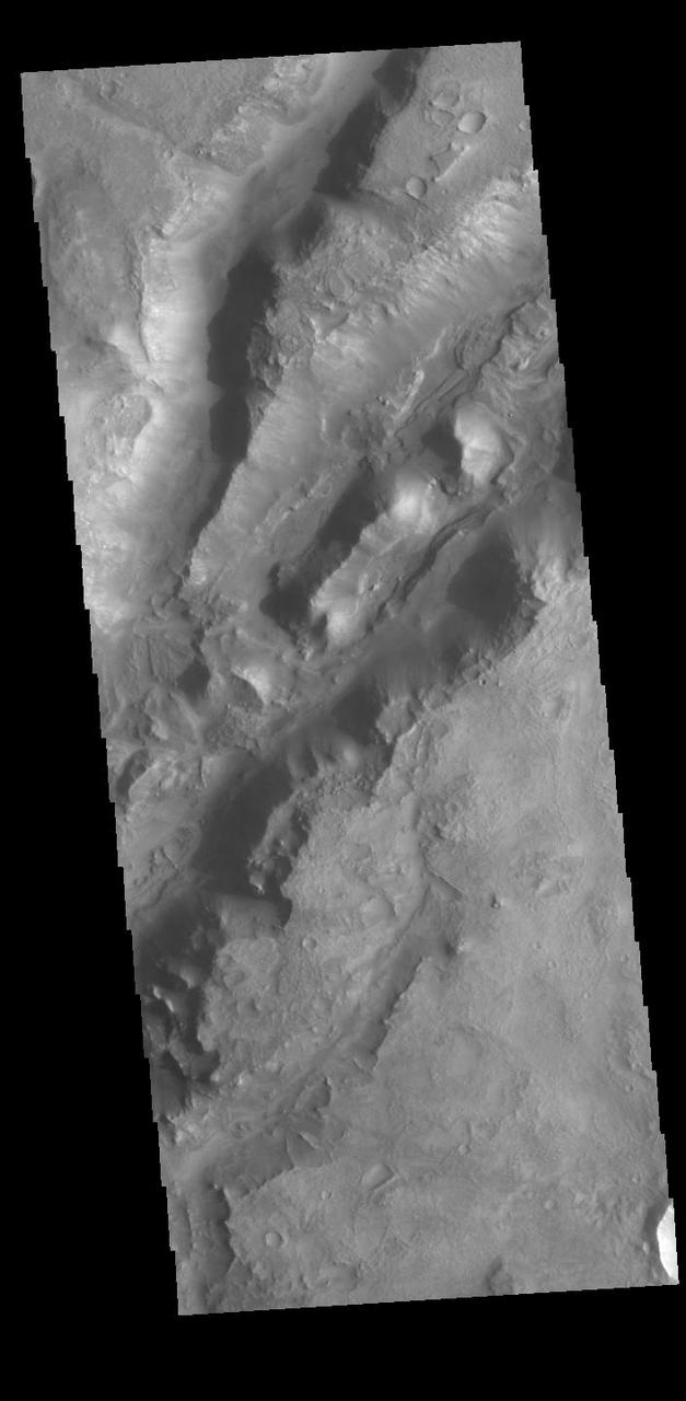 The linear depressions in today's VIS image are part of Nili Fossae. Nili Fossae is a collection of curved faults and down-dropped blocks of crust between the faults called graben. The graben lie northeast of the large volcano Syrtis Major and northwest of the ancient impact basin Isidis Planitia. Graben are formed by extension of the crust and faulting. When large amounts of pressure or tension are applied to rocks on timescales that are fast enough that the rock cannot respond by deforming, the rock breaks along faults. In the case of a graben, two parallel faults are formed by extension of the crust and the rock in between the faults drops downward into the space created by the extension. The crustal deformation in this region was in response to the basin forming event that created Isidis Planitia. The Nili Fossae graben arc around the northwestern edge of the planitia. The graben occur in many different widths. Orbit Number: 88919 Latitude: 22.3384 Longitude: 77.6092 Instrument: VIS Captured: 2021-12-30 21:37 https://photojournal.jpl.nasa.gov/catalog/PIA25343