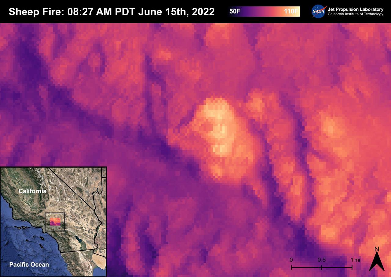 The Sheep Fire started on June 12th, 2022, Northeast of the town of Wrightwood in San Bernardino County. The fire burned 865 acres and was contained on June 19th, 2022. Due to the proximity of the Sheep Fire to Wrightwood, the town was evacuated. The Pacific Crest Trail in the San Gabriel Mountains and part of Highway 2 were closed due to the fire. There were no casualties or injuries as a result of the Sheep Fire. The fire was captured in an ECOSTRESS Land Surface Temperature image on 08:27 AM PDT on June 15th and shows the temperature of the fire surpassing 100 degrees Fahrenheit. As California is currently in a drought, there are concerns that 2022 will see a severe wildfire season; ECOSTRESS allows for the monitoring of the drought and of wildfires.  ECOSTRESS is a thermal instrument on the International Space Station that measures the temperature of the ground, which is hotter than the air temperature during the day. It was launched to the space station in 2018. Its primary mission is to identify critical thresholds of water use and water stress in plants and to detect the timing, location, and predictive factors leading to plant water uptake decline and/or cessation. The nature of the high-resolution data provided by ECOSTRESS allows it to record heat related phenomena such as heat waves, droughts and wildfires.  https://photojournal.jpl.nasa.gov/catalog/PIA25356