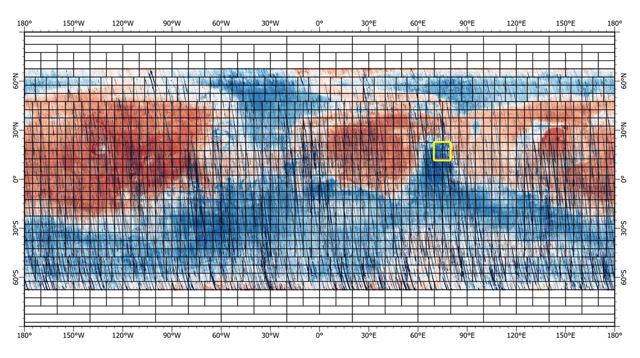 This 72-color near-global map of the Red Planet was captured by NASA's Mars Reconnaissance Orbiter (MRO) using its Compact Reconnaissance Imaging Spectrometer for Mars, or CRISM. The yellow square indicates the Nili Fossae region of Mars, which is highlighted in six views in PIA25364. The map is one of the last major datasets CRISM will ever produce; the instrument will be decommissioned by the end of 2022. Data for the 6.3-gigapixel map was collected over 11 years of CRISM operations. The instrument arrived at Mars with three cryocoolers that allowed it to see in a range of wavelengths, including infrared; in 2017, the last of those cryocoolers stopped working, severely limiting the number of wavelengths CRISM could "see." https://photojournal.jpl.nasa.gov/catalog/PIA25363
