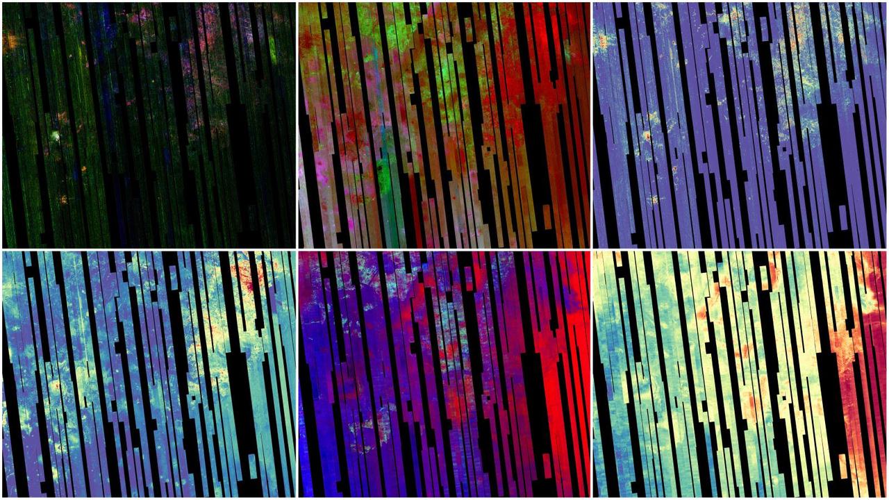 This image shows six views of the Nili Fossae region of Mars captured by the Compact Reconnaissance Imaging Spectrometer for Mars, or CRISM, one of the instruments aboard NASA's Mars Reconnaissance Orbiter. The varying colors represent minerals on the Martian surface seen in different wavelengths of light. Each of these views was produced as part of a near-global map made up of about 1,764 individual segments. The 72-color map is the last major dataset CRISM will ever produce; the instrument will be decommissioned by the end of 2022. Data for the 6.3-gigapixel map was collected over 11 years of CRISM operations. The instrument arrived at Mars with three cryocoolers that allowed it to see in a range of wavelengths, including infrared; in 2017, the last of those cryocoolers stopped working, severely limiting the number of wavelengths CRISM could "see." https://photojournal.jpl.nasa.gov/catalog/PIA25364