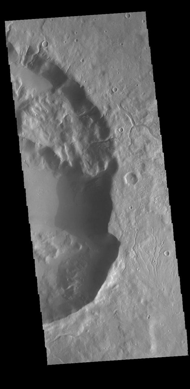 Today's VIS image shows part of an unnamed crater in northern Arabia Terra. Numerous small channels surround the crater and some dissect the crater rim. This crater is unusual due to the presence of the large block of material that rises above the crater floor in the upper half of the image. Orbit Number: 89433 Latitude: 35.3092 Longitude: 6.82587 Instrument: VIS Captured: 2022-02-11 05:27 https://photojournal.jpl.nasa.gov/catalog/PIA25374
