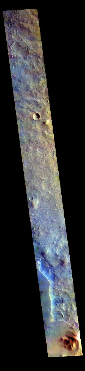 The THEMIS VIS camera contains 5 filters. The data from different filters can be combined in multiple ways to create a false color image. These false color images may reveal subtle variations of the surface not easily identified in a single band image. Today's false color image shows part of Terra Sabaea.  The THEMIS VIS camera is capable of capturing color images of the Martian surface using five different color filters. In this mode of operation, the spatial resolution and coverage of the image must be reduced to accommodate the additional data volume produced from using multiple filters. To make a color image, three of the five filter images (each in grayscale) are selected. Each is contrast enhanced and then converted to a red, green, or blue intensity image. These three images are then combined to produce a full color, single image. Because the THEMIS color filters don't span the full range of colors seen by the human eye, a color THEMIS image does not represent true color. Also, because each single-filter image is contrast enhanced before inclusion in the three-color image, the apparent color variation of the scene is exaggerated. Nevertheless, the color variation that does appear is representative of some change in color, however subtle, in the actual scene. Note that the long edges of THEMIS color images typically contain color artifacts that do not represent surface variation.  Orbit Number: 87197 Latitude: 18.0891 Longitude: 77.0112 Instrument: VIS Captured: 2021-08-11 02:38  https://photojournal.jpl.nasa.gov/catalog/PIA25380