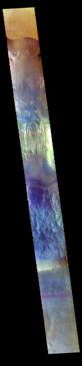 The THEMIS VIS camera contains 5 filters. The data from different filters can be combined in multiple ways to create a false color image. These false color images may reveal subtle variations of the surface not easily identified in a single band image. Today's false color image shows a cross section of Hebes Chasma, including Hebes Mensa (middle of image). Hebes Chasma is an inclosed basin not connected to Valles Marineris. It is 319 km long (east/west, 198 miles), 130 km wide (north/south, 81miles) and up to 8km (5 miles) deep. Hebes Mensa is a large deposit of layered material within the chasma. Extensive erosion has created gullies in the mensa and distributed fine sand size materials to create dunes and sand drifts. Hebes Mensa is 7.5 km (4.7 miles) high, 120 km (75 miles) long and 43 km (27 miles) wide.  The THEMIS VIS camera is capable of capturing color images of the Martian surface using five different color filters. In this mode of operation, the spatial resolution and coverage of the image must be reduced to accommodate the additional data volume produced from using multiple filters. To make a color image, three of the five filter images (each in grayscale) are selected. Each is contrast enhanced and then converted to a red, green, or blue intensity image. These three images are then combined to produce a full color, single image. Because the THEMIS color filters don't span the full range of colors seen by the human eye, a color THEMIS image does not represent true color. Also, because each single-filter image is contrast enhanced before inclusion in the three-color image, the apparent color variation of the scene is exaggerated. Nevertheless, the color variation that does appear is representative of some change in color, however subtle, in the actual scene. Note that the long edges of THEMIS color images typically contain color artifacts that do not represent surface variation.  Orbit Number: 88026 Latitude: -1.1753 Longitude: 283.709 Instrument: VIS Captured: 2021-10-18 08:45  https://photojournal.jpl.nasa.gov/catalog/PIA25384