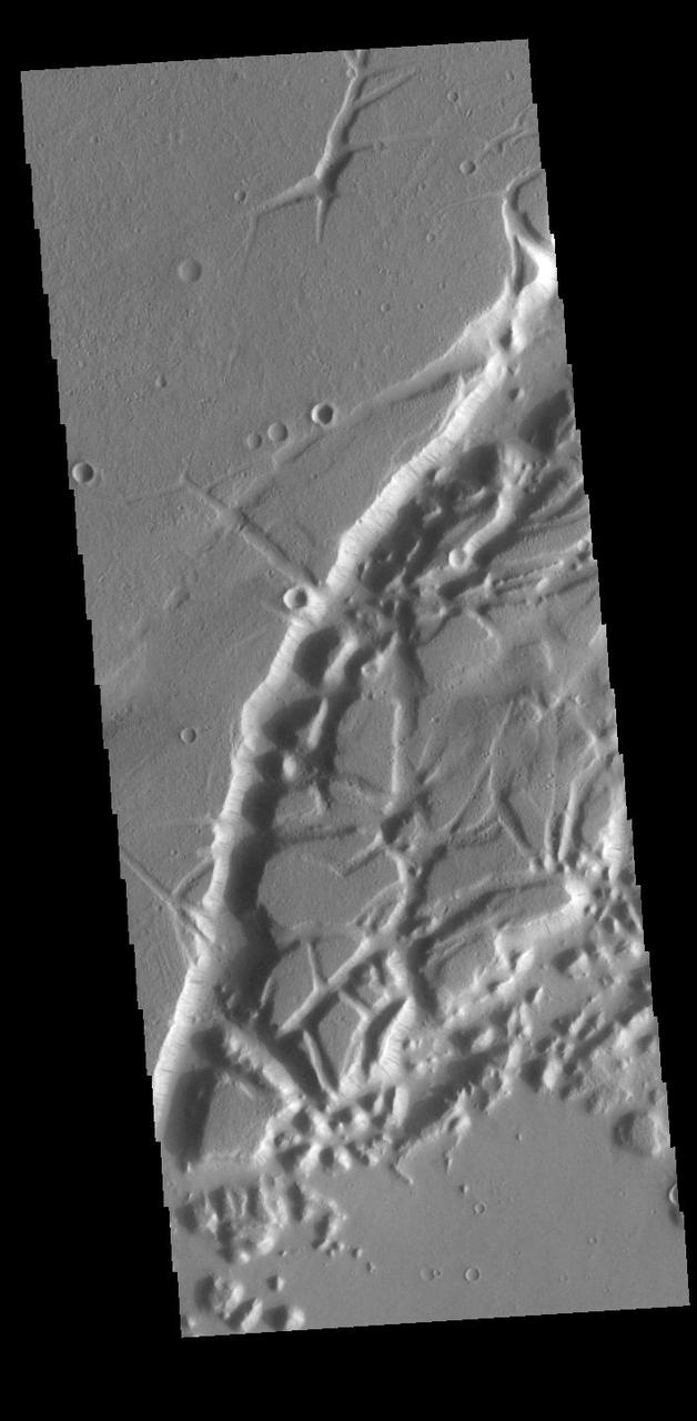 This VIS image shows a portion of Nilus Chaos. Located north of Kasei Vallis, this chaos formed at the elevation boundary between Kasei Valles (lower elevation) and the surrounding plains (higher elevation). Chaos terrain is typified by regions of blocky, often steep sided, mesas interspersed with deep valleys. With time and erosion the valleys widen and the mesas become smaller. In this region of chaos, the mesas decrease in size the closer it approaches to the lower elevation surface. Orbit Number: 89748 Latitude: 24.5105 Longitude: 280.641 Instrument: VIS Captured: 2022-03-09 03:53 https://photojournal.jpl.nasa.gov/catalog/PIA25394