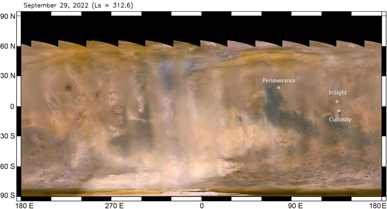 The beige clouds seen in this flat global map of Mars are a continent-size dust storm captured on Sept. 29, 2022 by the Mars Color Imager (MARCI) camera aboard NASA's Mars Reconnaissance Orbiter (MRO). As MRO passes over the planet, MARCI takes linear images – essentially strips – of the planet's circumference each day. The images are then stitched together to create a daily global map of the planet, showing atmospheric features across the planet as seen at the same time of day (mid-afternoon). Comparison of daily maps show atmospheric changes over time. Besides providing unique scientific data, MARCI's global maps are useful for monitoring weather changes that could affect NASA's surface missions.  The agency's Perseverance, Curiosity, and InSight missions are also labeled, showing the vast distances between them. NASA's Perseverance rover and Ingenuity helicopter, are located at the white dot farthest north, roughly 2,147 miles (3,455 kilometers) from the agency's InSight lander, just above the equator. The Curiosity rover is just below the equator, about 373 miles (600 kilometers) from InSight. Neither Curiosity nor Perseverance and Ingenuity (the helicopter must remain relatively close to Perseverance, which serves as its base station) can travel the distance to the solar-powered InSight lander.  The regional dust storm in this map was first observed Sept. 21. By the time these images were taken (Sept. 29), it had expanded considerably. Within the following week, the storm appeared to have entered its decay phase, when it's no longer lifting dust into the atmosphere. At that point, the dust that has already been lofted into the atmosphere and spread far beyond the dust-raising sector can take weeks to settle back to the surface.  While this particular storm was roughly 2,175 miles (3,500 kilometers) from InSight, it lofted enough dust to significantly reduce the energy being produced by the lander's solar arrays, which have become covered by dust since the spacecraft landed in November 2018.  The lander has long since surpassed its primary mission. With its power steadily declining, it is now close to the end of its extended mission, conducting "bonus science" by measuring marsquakes, which reveal details about the deep interior of the Red Planet.  https://photojournal.jpl.nasa.gov/catalog/PIA25412