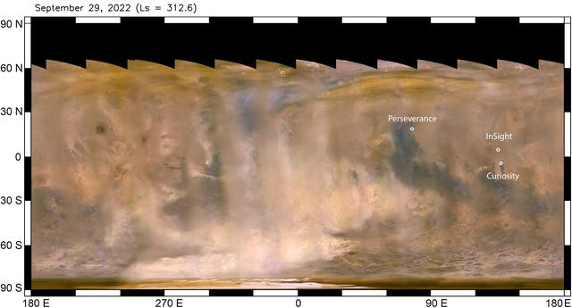 NASA image: Mars Dust Storm in Relation to InSight, Curiosity and Perseverance