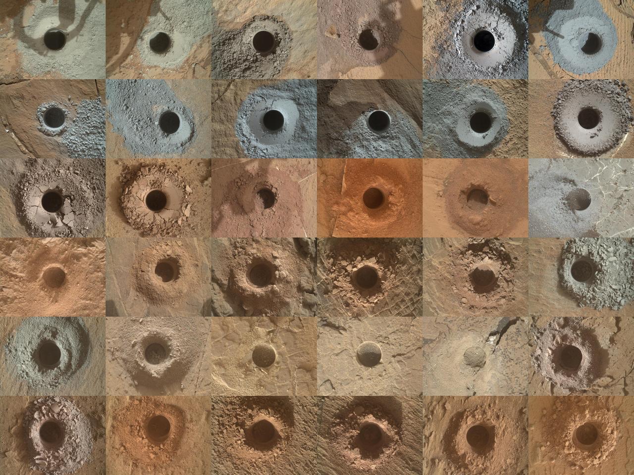 NASA's Curiosity Mars rover has collected 36 powderized rock samples with the drill on the end of its robotic arm. This grid shows all 36 holes to date. The images in the grid were captured by the Mars Hand Lens Imager (MAHLI) on the end of Curiosity's arm.  https://photojournal.jpl.nasa.gov/catalog/PIA25416