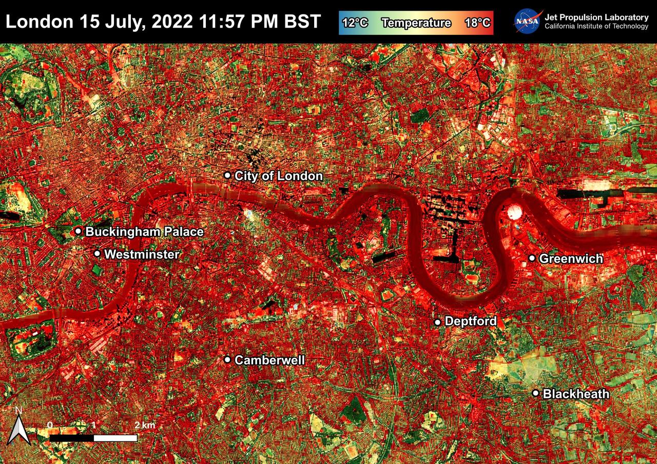 NASA's Ecosystem Spaceborne Thermal Radiometer Experiment on Space Station (ECOSTRESS) instrument recorded this image of ground surface temperatures in London and surrounding areas on July 15, 2022, just before midnight local time. It shows surface temperatures exceeding 68 degrees Fahrenheit (20 degrees Celsius) at 11:57 p.m. British Summer Time. Parts of Europe in mid-July experienced a record-breaking heat wave. The United Kingdom reaching its highest air temperature on record on July 19, 104.5 F (40.3 C) in Coningsby, about 110 miles (177 kilometers) north of London, which itself saw a high of 104.3 F (40.2 C) the same day. That evening, the overnight low was also a record-breaker: 78.4 F (25.8 C) at Kenley Airfield in Greater London. In this image, the red areas indicate hotter temperatures commonly associated with developed areas. These surfaces – roofs, paved streets, and other built structures – remain warm long after the sun sets. Blue and green areas indicate cooler areas commonly associated with parks and other natural land surfaces. Because this image was acquired at night, it shows bodies of water being warmer than the land surface. This is because water tends to change temperature more slowly, so its temperature stays elevated long after land surfaces have cooled down. Cities are usually warmer than open land with natural surfaces because of human activities as well as the materials used in building and construction. Streets are often the hottest part of the built environment due to asphalt paving. Dark-colored surfaces absorb more heat from the Sun than lighter-colored ones; asphalt absorbs up to 95% of solar radiation and retains the heat for hours into nighttime. This image overlays ECOSTRESS surface temperature data on a Google satellite map for context. ECOSTRESS measures the temperature of the ground, which is hotter than the air temperature during the daytime. The instrument launched to the space station in 2018. Its primary mission is to identify plants' thresholds for water use and water stress, giving insight into their ability to adapt to a warming climate. However, ECOSTRESS is also useful for documenting other heat-related phenomena, like patterns of heat absorption and retention. Its high-resolution images, with a pixel size of about 225 feet (70 meters) by 125 feet (38 meters), are a powerful tool for understanding our environment. https://photojournal.jpl.nasa.gov/catalog/PIA25423