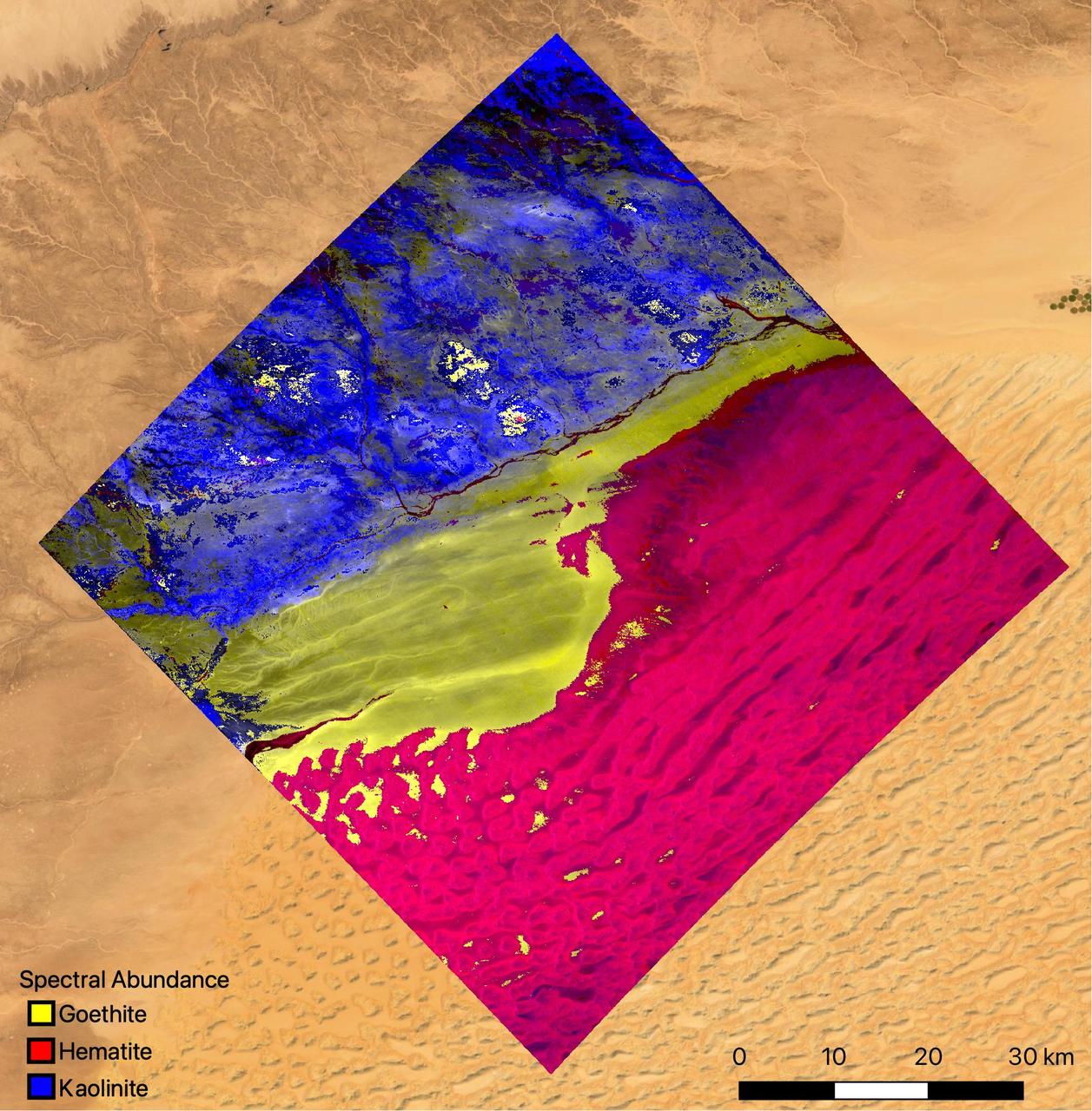 The mineral map shows an area of southwestern Libya in the Sahara Desert observed by NASA's Earth Surface Mineral Dust Source Investigation (EMIT) mission as it maps the world's mineral dust sources, gathering information about surface composition as the instrument, designed at NASA's Jet Propulsion Laboratory in Southern California, orbits aboard the International Space Station.      The instrument works by measuring reflected solar energy from Earth across hundreds of wavelengths from the visible to the infrared range of the spectrum. The intensity of the reflected light varies by wavelength based on the material. Scientists are using these patterns, called spectral fingerprints, to identify surface minerals and pinpoint their locations on a map.      The map is among the first produced by scientists with EMIT data. Analysis of the patterns indicate that the surface contains kaolinite, a light-colored clay mineral, and goethite and hematite, two varieties of iron oxide, which is darker.      When dust from the kaolinite-dominated areas is lofted into the atmosphere, the particles tend to scatter sunlight and reflect it back to space, cooling the air. The opposite effect occurs with airborne particles of iron oxide, which tend to absorb heat and warm the surrounding air.      Over the course of its 12-month mission, EMIT will collect measurements of 10 important surface minerals – kaolinite, hematite, goethite, illite, vermiculite, calcite, dolomite, montmorillonite, chlorite, and gypsum – in arid regions between 50-degree south and north latitudes in Africa, Asia, North and South America, and Australia. The data EMIT collects will help scientists better understand the role of airborne dust particles in heating and cooling Earth's atmosphere on global and regional scales.      EMIT was developed at NASA's Jet Propulsion Laboratory, which is managed for the agency by Caltech in Pasadena, California. It launched to the space station in July 2022.  https://photojournal.jpl.nasa.gov/catalog/PIA25424