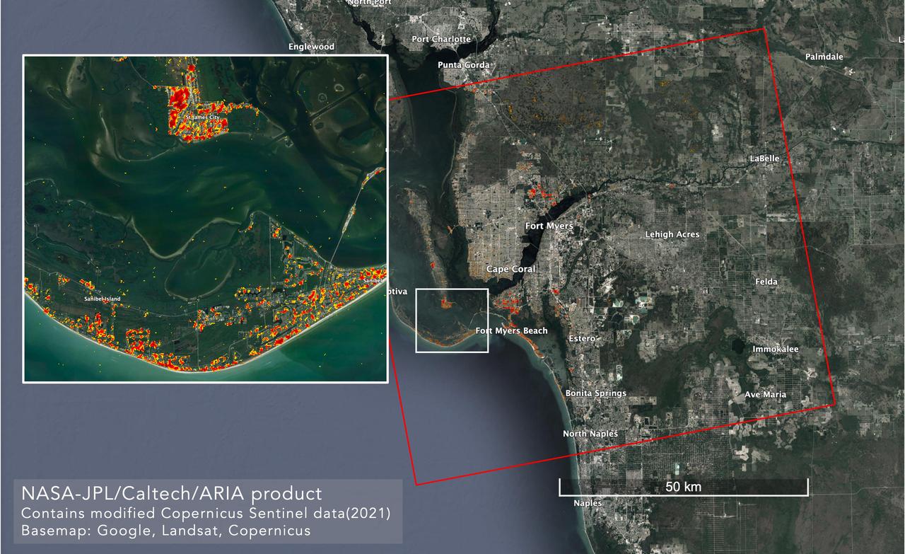 NASA scientists are using satellite data to assess the damage on Florida's Gulf Coast after Hurricane Ian, which made landfall in the state as a Category 4 storm on Sept. 28, 2022.  The Advanced Rapid Imaging and Analysis (ARIA) team at NASA's Jet Propulsion Laboratory and Caltech created this damage proxy map on Oct. 2, 2022, showing which parts of the Fort Myers area likely suffered storm damage. The map was derived from synthetic aperture radar (SAR) images acquired by the Copernicus Sentinel-1 satellites, which are operated by the European Space Agency (ESA).  Data from the satellites covered an area of approximately 2,491 square miles (6,452 square kilometers) outlined by the red rectangle. The color variation from pale yellow to red indicates greater drops in radar reflections compared with pre-storm imagery, an indication of possible damage. Preliminary validation was done by comparing the map with media reports and other images.  https://photojournal.jpl.nasa.gov/catalog/PIA25426