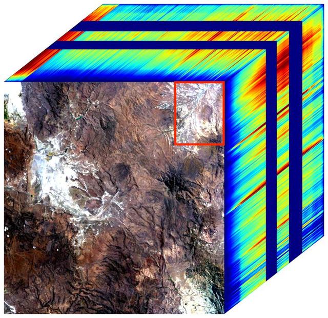 The front panel of this image cube shows the true-color view of an area in northwest Nevada observed by NASA's Earth Surface Mineral Dust Source Investigation (EMIT) imaging spectrometer. The side panels depict the spectral fingerprint for every point in the image, which shows an area about 130 miles (209 kilometers) northeast of Lake Tahoe.      The instrument works by measuring reflected solar energy from Earth across hundreds of wavelengths from the visible to the infrared range of the spectrum. The intensity of the reflected light varies by wavelength based on the material. Scientists are using these patterns, called spectral fingerprints, to identify surface minerals and pinpoint their locations on a map.      The cube was among the first created by EMIT scientists as they confirmed that the instrument was collecting data accurately before the start of science operations. Analysis of the patterns indicate areas dominated by kaolinite, a light-colored clay mineral. When dust from the kaolinite-dominated areas is lofted into the atmosphere, the particles tend to scatter sunlight and reflect it back to space, cooling the air.      Over the course of its 12-month mission, EMIT will collect measurements of 10 important surface minerals – kaolinite, hematite, goethite, illite, vermiculite, calcite, dolomite, montmorillonite, chlorite, and gypsum – in arid regions between 50-degree south and north latitudes in Africa, Asia, North and South America, and Australia. The data EMIT collects will help scientists better understand the role of airborne dust particles in heating and cooling Earth's atmosphere on global and regional scales.      Since EMIT was installed on the International Space Station in late July 2022, the science team has been validating the data it collects against data gathered in 2018 by the Airborne Visible/Infrared Imaging Spectrometer (AVIRIS). EMIT and AVIRIS were developed at NASA's Jet Propulsion Laboratory, which is managed for the agency by Caltech in Pasadena, California.  https://photojournal.jpl.nasa.gov/catalog/PIA25427
