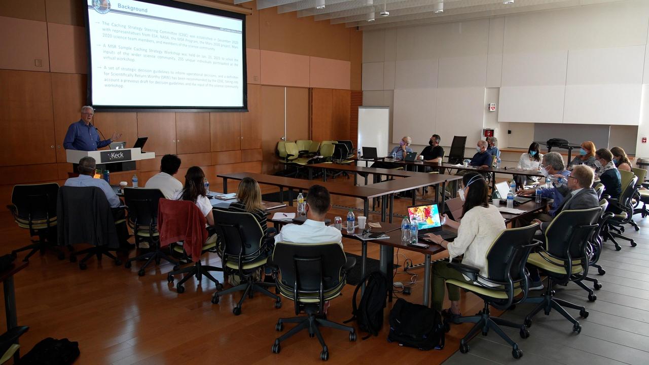 The Mars Sample Return Campaign Science Group gathered for their first meeting, at the Keck Institute for Space Studies at Caltech, and took a group photo. This June 28 photo includes team members who attended in person; several others attended virtually or were not able to participate. The committee will provide oversight with the goal of maximizing the scientific potential of Mars rock and sediment samples that would be returned to Earth for in-depth analysis, as part of the Campaign.  https://photojournal.jpl.nasa.gov/catalog/PIA25443