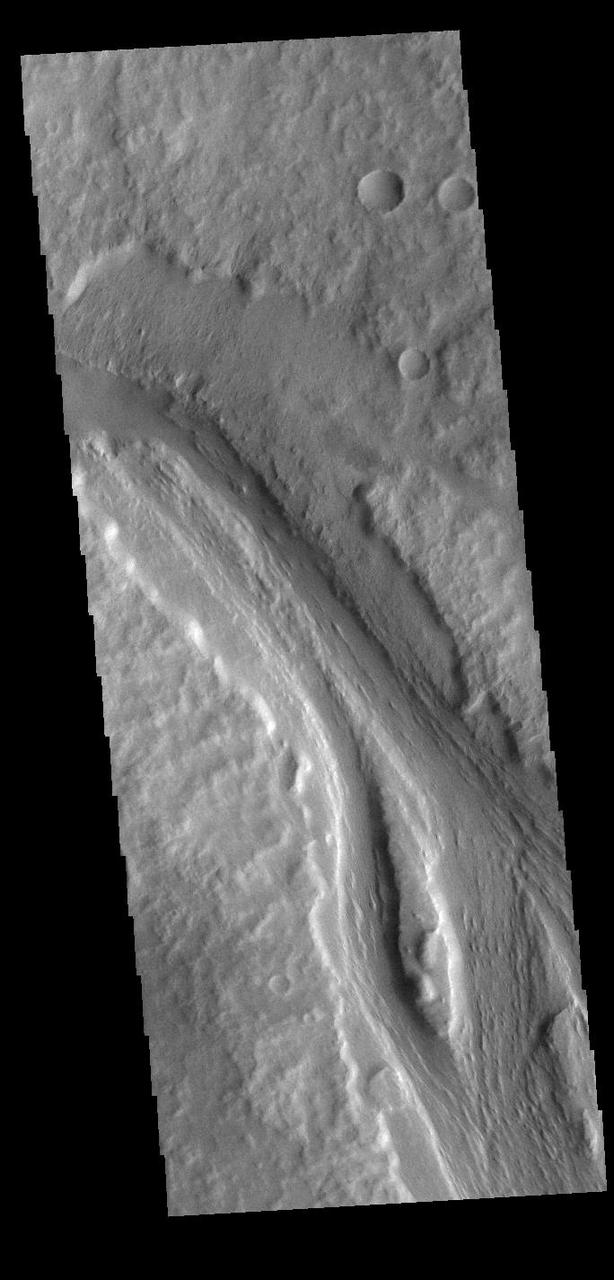 Today's VIS image shows a section of Labou Vallis. Labou Vallis is located south of Eumenides Dorsum and is 258 kilometers (160 miles) long. The 'tail' of the tear-dropped shaped island in the center of the channel points downstream, indicating the liquid flow was towards the top of this image. Orbit Number: 90200 Latitude: -7.83684 Longitude: 204.926 Instrument: VIS Captured: 2022-04-15 08:56 https://photojournal.jpl.nasa.gov/catalog/PIA25473