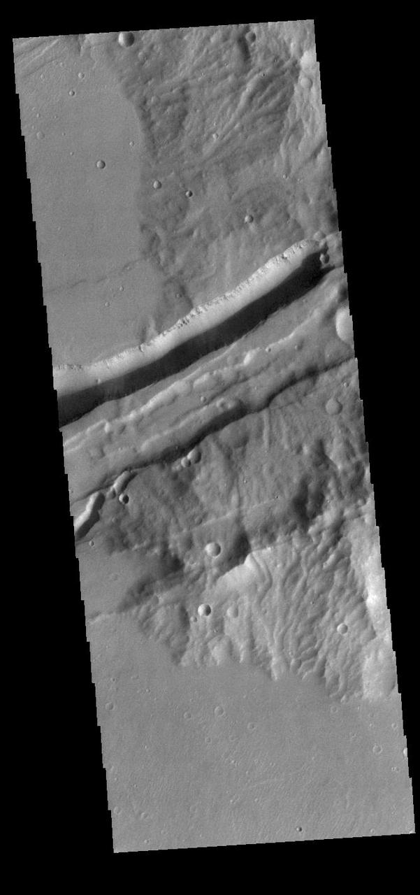 Today's VIS image shows a portion of Sirenum Fossae. The linear features are tectonic graben. Graben are formed by extension of the crust and faulting. When large amounts of pressure or tension are applied to rocks on timescales that are fast enough that the rock cannot respond by deforming, the rock breaks along faults. In the case of a graben, two parallel faults are formed by extension of the crust and the rock in between the faults drops downward into the space created by the extension. Numerous sets of graben are visible in this THEMIS image, trending from north-northeast to south-southwest. Because the faults defining the graben are formed perpendicular to the direction of the applied stress, we know that extensional forces were pulling the crust apart in the west-northwest/east-southeast direction. The Sirenum Fossae graben are 2735km (1700 miles) long and stretch from eastern Terra Sirenum into western Daedalia Planum. Orbit Number: 90574 Latitude: -27.0842 Longitude: 217.82 Instrument: VIS Captured: 2022-05-16 03:55 https://photojournal.jpl.nasa.gov/catalog/PIA25477