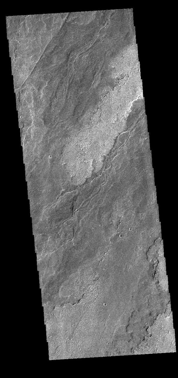 Today's VIS image shows a small portion of the immense lava flows that originated from Arsia Mons. Arsia Mons is the southernmost of the three large aligned volcanoes in the Tharsis region. Arsia Mons' last eruption was 10s of million years ago. The different surface textures are created by differences in the lava viscosity and cooling rates. The lobate margins of each flow can be traced back to the start of each flow — or to the point where they are covered by younger flows. Flows in Daedalia Planum can be as long as 180 km (111 miles). For comparison the longest Hawaiian lava flow is only 51 km (˜31 miles) long. The total area of Daedalia Planum is 2.9 million square km – more than four times the size of Texas. Orbit Number: 90723 Latitude: -23.0254 Longitude: 238.572 Instrument: VIS Captured: 2022-05-28 10:23 https://photojournal.jpl.nasa.gov/catalog/PIA25479