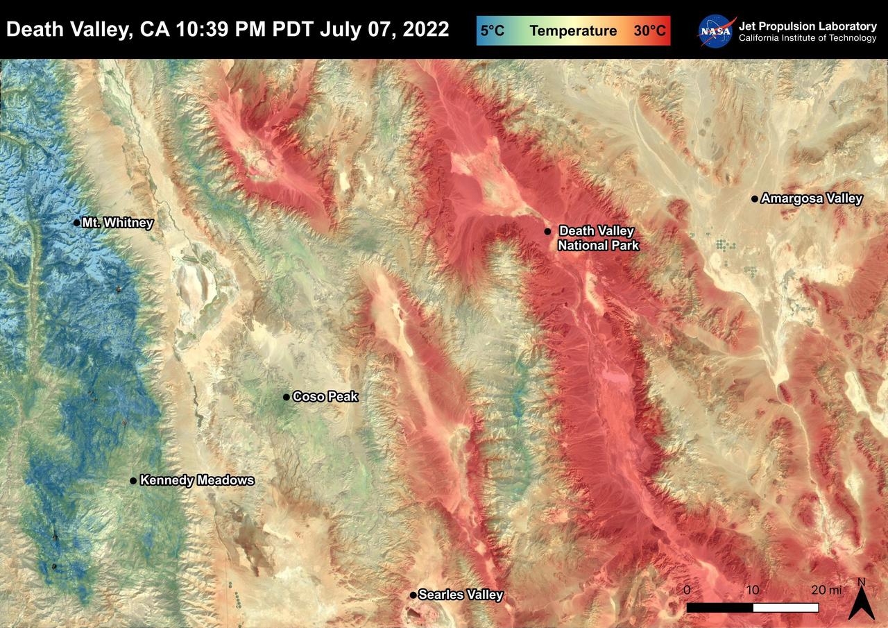 Death Valley, California is a desert valley in the Northern Mojave Desert. During the summer months, Death Valley can become one of the hottest places on Earth. Death Valley is about 85 miles from Mt. Whitney, the highest point in the contiguous United States with an elevation of 14,505 ft. This Land Surface Temperature image captured by ECOSTRESS on July 07, 2022 shows temperatures exceeding 90 degrees Fahrenheit in Death Valley and temperatures below 40 degrees Fahrenheit in the Sierra Nevada Mountain Range. ECOSTRESS is a thermal instrument on the International Space Station that measures the temperature of the ground, which is hotter than the air temperature during the day. It was launched to the space station in 2018. Its primary mission is to identify critical thresholds of water use and water stress in plants and to detect the timing, location, and predictive factors leading to plant water uptake decline and/or cessation. The nature of the high-resolution data provided by ECOSTRESS allows it to record heat related phenomena such as heat waves and wildfires. https://photojournal.jpl.nasa.gov/catalog/PIA25482