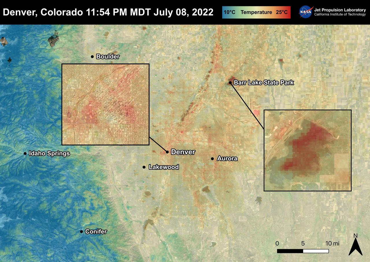 Denver, Colorado reached 96 degrees Fahrenheit on July 8th, 2022. In the two days following, temperatures rose to 101 degrees Fahrenheit. For cities like Denver, heat dissipates more slowly and create urban heat islands. High temperatures due to urban heat, especially at night, can lead to adverse health effects in vulnerable populations like children and the elderly. This image also shows that bodies of water, like Barr Lake, remain warm into the night due to water's high heat capacity. ECOSTRESS captured this Land Surface Temperature image on July 8th, 2022 at 11:54 PM MDT.  ECOSTRESS is a thermal instrument on the International Space Station that measures the temperature of the ground, which is hotter than the air temperature during the day. It was launched to the space station in 2018. Its primary mission is to identify critical thresholds of water use and water stress in plants and to detect the timing, location, and predictive factors leading to plant water uptake decline and/or cessation. The nature of the high-resolution data provided by ECOSTRESS allows it to record heat related phenomena such as heat waves and wildfires.  https://photojournal.jpl.nasa.gov/catalog/PIA25483