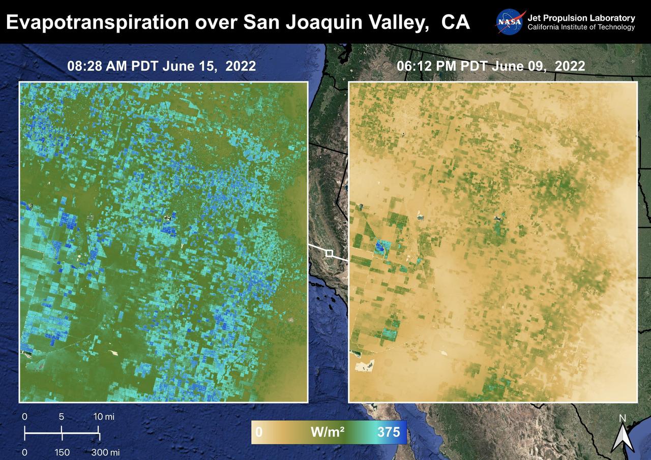 The Central Valley, CA is one of the most productive agricultural regions in the United States and the world. As California is in a continuing drought, it is important to monitor agricultural plant life to ensure maximized productivity. ECOSTRESS has the ability to monitor Evapotranspiration over agricultural fields. This Evapotranspiration image on the right was captured on June 09, 2022 at 06:12 PM PDT. The image on the left was captured by ECOSTRESS on June 15, 2022 at 08:27 AM PDT. Blue indicates high water use while brown indicates dry conditions.  ECOSTRESS is a thermal instrument on the International Space Station that measures the temperature of the ground, which is hotter than the air temperature during the day. It was launched to the space station in 2018. Its primary mission is to identify critical thresholds of water use and water stress in plants and to detect the timing, location, and predictive factors leading to plant water uptake decline and/or cessation. The nature of the high-resolution data provided by ECOSTRESS allows it to record heat related phenomena such as heat waves and wildfires.  https://photojournal.jpl.nasa.gov/catalog/PIA25486