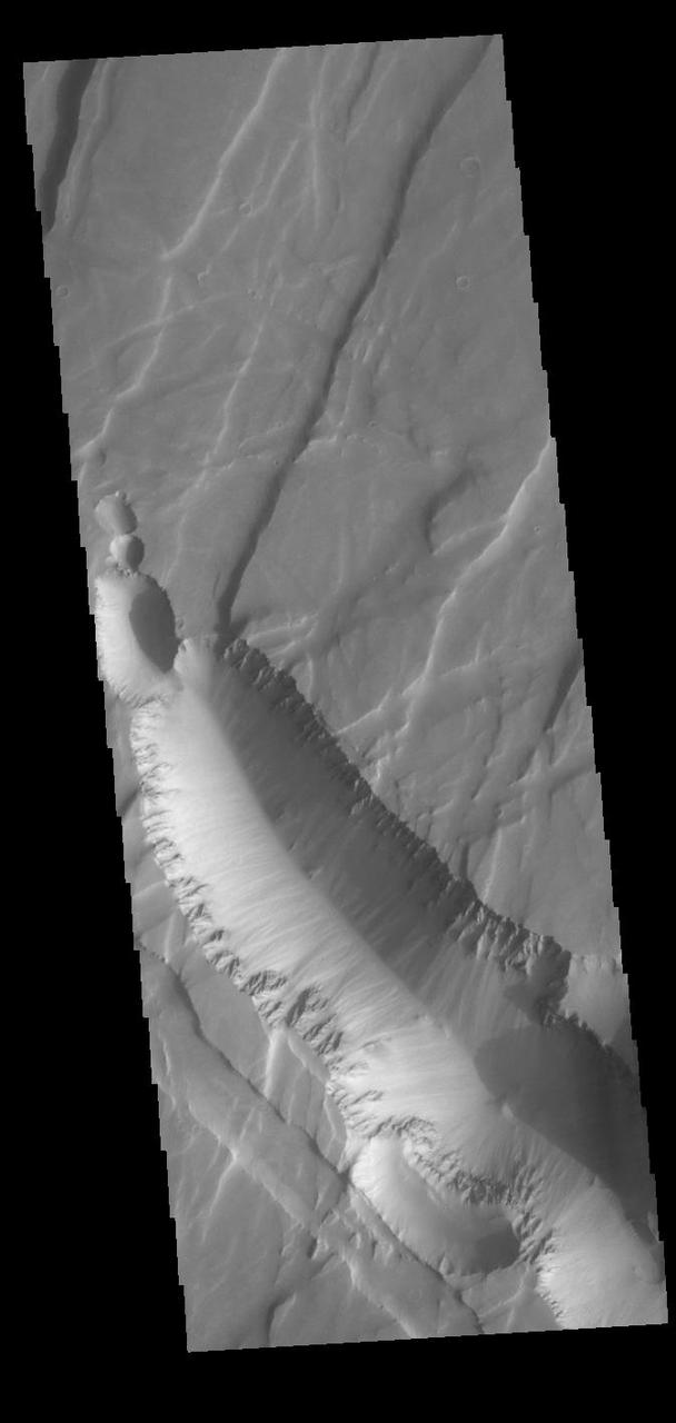 Today's VIS image shows part of Claritas Fossae. The linear features (fossae) are graben, a tectonic feature created when blocks of material subside between paired faults. These graben filled highlands are bounded by Solis Planum to the northeast and Icaria Planum to the southwest. Extensional tectonic forces are responsible for graben formation. While close to the Tharsis region, it is thought that Claritas Fossae formed prior to the large lava flows located north of this image. The large, deepest depression is younger than the other graben of Claritas Fossae. It is not known if it formed just after the other graben, or at a much later time. Orbit Number: 90760 Latitude: -12.0301 Longitude: 249.617 Instrument: VIS Captured: 2022-05-31 11:34 https://photojournal.jpl.nasa.gov/catalog/PIA25506