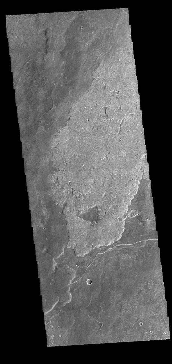 Today's VIS image shows a small portion of the immense lava flows that originated from Arsia Mons. Arsia Mons is the southernmost of the three large aligned volcanoes in the Tharsis region. Arsia Mons' last eruption was 10s of million years ago. The different surface textures are created by differences in the lava viscosity and cooling rates. The lobate margins of each flow can be traced back to the start of each flow — or to the point where they are covered by younger flows. Flows in Daedalia Planum can be as long as 180 km (111 miles). For comparison the longest Hawaiian lava flow is only 51 km (˜31 miles) long. The total area of Daedalia Planum is 2.9 million square km – more than four times the size of Texas. Orbit Number: 90698 Latitude: -22.5145 Longitude: 239.748 Instrument: VIS Captured: 2022-05-26 08:59 https://photojournal.jpl.nasa.gov/catalog/PIA25510