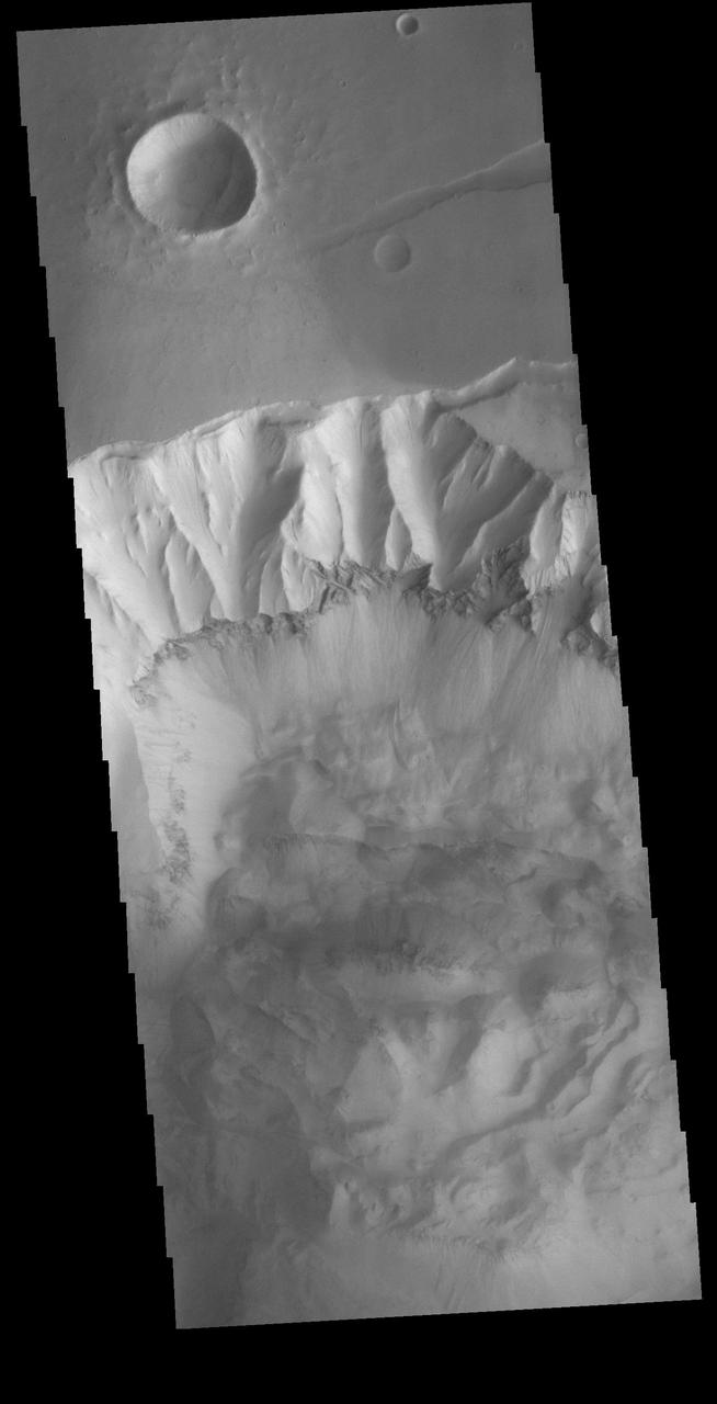 Today's VIS image shows part of the northern cliff face of Ophir Chasma. The bottom of the image is covered in deposits from large landslides. The dark band in the center of the image is a layer of material that is more resistant than the other parts of the cliff face. This layer is likely a thick volcanic flow or intruded dike. Ophir Chasma is approximately 317km long (197 miles). Orbit Number: 90846 Latitude: -3.13307 Longitude: 287.349 Instrument: VIS Captured: 2022-06-07 13:34 https://photojournal.jpl.nasa.gov/catalog/PIA25514