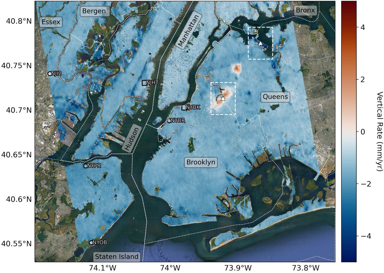       Researchers from NASA's Jet Propulsion Laboratory in Southern California and Rutgers University in New Jersey produced this map in their analysis of upward and downward vertical land motion – also known as uplift and subsidence – across the New York City metropolitan area from 2016 to 2023. Most of the study region was found to be gradually subsiding (indicated here in blue), while isolated locations of uplift (in red) were also observed. The white dotted lines indicate county/borough borders.      The researchers found that on average the metropolitan area subsided by about 0.06 inches (1.6 millimeters) per year – about the same amount that a toenail grows in a month. They mapped the motion in detail and pinpointed neighborhoods and landmarks that were subsiding more rapidly than the average. Causes for the observed motion include natural geologic adjustments that have been unfolding since the most recent ice age, as well as human land-use practices such as the construction of landfills, which make the ground looser and more compressible beneath buildings.      A few locations in Queens and Brooklyn were observed to rise due to activities that may include pollution remediation efforts and groundwater injection.      To create this map, the researchers employed a remote sensing technique called interferometric synthetic aperture radar (InSAR), which combines two or more three-dimensional observations of the same region to reveal surface motion down to fractions of inches. They used the radars on the ESA (European Space Agency) Sentinel-1 satellites, along with advanced data processing methods.  https://photojournal.jpl.nasa.gov/catalog/PIA25527