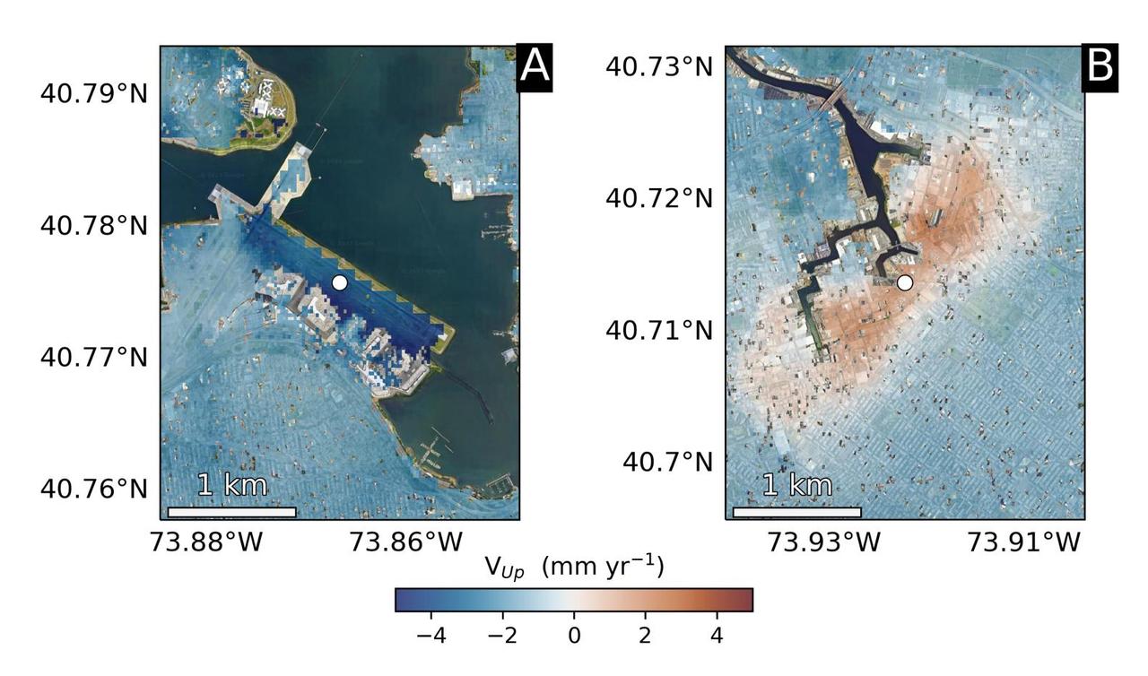 Using radars on the ESA (European Space Agency) Sentinel-1 satellites, along with advanced data processing techniques, a team of researchers measured upward and downward vertical land motion – also known as uplift and subsidence – across the New York City metropolitan area from 2016 to 2023. They mapped the motion in detail and pinpointed specific locations seen here – an airport runway and part of a Superfund site – that were notably sinking or rising. Runway 13/31 at LaGuardia Airport in Queens, left, is co-located with a former landfill and subsiding at a rate of about 0.15 inches (3.7 millimeters) per year. Part of the Newtown Creek Superfund site in East Williamsburg, Brooklyn, right, is rising unevenly by about 0.06 inches (1.6 millimeters) per year, possibly due to groundwater pumping and treatment activities. The site is undergoing extensive environmental remediation to address decades of pollution, including the Greenpoint oil spill that was discovered in the late 1970s. The researchers, from NASA's Jet Propulsion Laboratory in Southern California and Rutgers University in New Jersey, found that on average the metropolitan area subsided by about (0.06 inches) (1.6 millimeters) per year – about the same amount that a toenail grows in a month. Causes for the observed motion include natural geologic adjustments that have been unfolding since the most recent ice age, as well as land-use practices such as the construction of landfills, which make the ground looser and more compressible beneath buildings. To create this map, the researchers employed a remote sensing technique called interferometric synthetic aperture radar (InSAR), which combines two or more three-dimensional observations of the same region to reveal surface motion down to fractions of inches. https://photojournal.jpl.nasa.gov/catalog/PIA25528