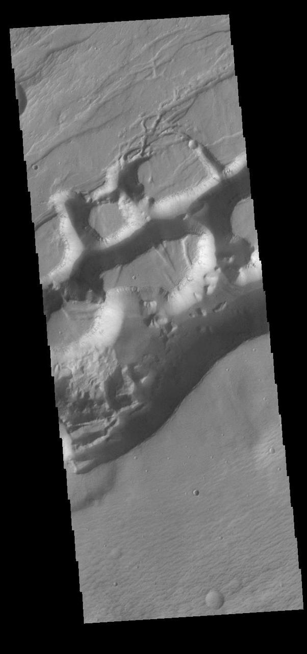 Today's VIS image shows a portion of Sirenum Fossae. The linear features are tectonic graben. Graben are formed by extension of the crust and faulting. When large amounts of pressure or tension are applied to rocks on timescales that are fast enough that the rock cannot respond by deforming, the rock breaks along faults. In the case of a graben, two parallel faults are formed by extension of the crust and the rock in between the faults drops downward into the space created by the extension. Numerous sets of graben are visible in this THEMIS image, trending from north-northeast to south-southwest. Because the faults defining the graben are formed perpendicular to the direction of the applied stress, we know that extensional forces were pulling the crust apart in the west-northwest/east-southeast direction. The Sirenum Fossae graben are 2735km (1700 miles) long and stretch from eastern Terra Sirenum into western Daedalia Planum. Orbit Number: 91410 Latitude: -26.2112 Longitude: 219.344 Instrument: VIS Captured: 2022-07-24 (All day) https://photojournal.jpl.nasa.gov/catalog/PIA25548