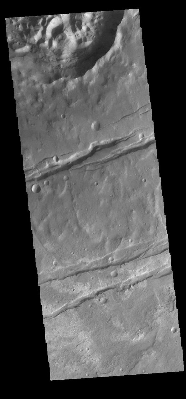 Today's VIS image shows a portion of Sirenum Fossae. The linear features are tectonic graben. Graben are formed by extension of the crust and faulting. When large amounts of pressure or tension are applied to rocks on timescales that are fast enough that the rock cannot respond by deforming, the rock breaks along faults. In the case of a graben, two parallel faults are formed by extension of the crust and the rock in between the faults drops downward into the space created by the extension. Numerous sets of graben are visible in this THEMIS image, trending from north-northeast to south-southwest. Because the faults defining the graben are formed perpendicular to the direction of the applied stress, we know that extensional forces were pulling the crust apart in the west-northwest/east-southeast direction. The Sirenum Fossae graben are 2735km (1700 miles) long and stretch from eastern Terra Sirenum into western Daedalia Planum. Orbit Number: 91436 Latitude: -37.5623 Longitude: 190.938 Instrument: VIS Captured: 2022-07-26 03:19 https://photojournal.jpl.nasa.gov/catalog/PIA25550