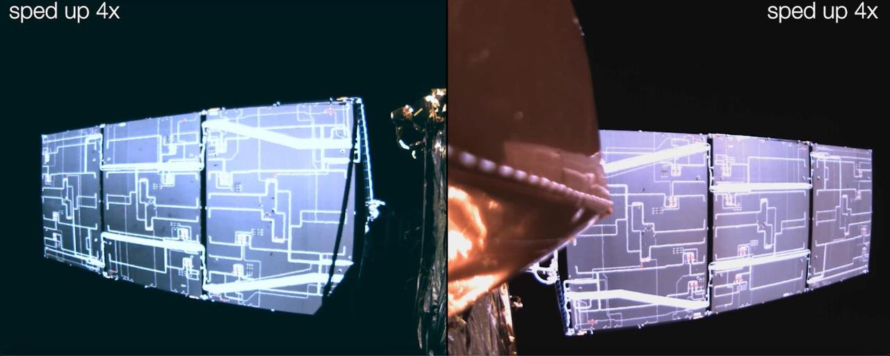 This video is a series of images showing the deployment of the solar arrays that power the international Surface Water and Ocean Topography satellite (SWOT). The mission captured the roughly 10-minute process with two of the four commercial cameras aboard the satellite (the same type used to capture NASA's Perseverance rover landing on Mars). The satellite launched Dec. 16, 2022, at 3:46 a.m. PST from Vandenberg Space Force Base in California, and the arrays started their deployment at 5:01 a.m. PST.  SWOT's two solar arrays measure 48.8 feet (14.9 meters) from end to end, with a total surface area of 335 square feet (31 square meters). Extending from opposite sides of the spacecraft bus, the arrays remain pointed at the Sun via small motors. They provide 8 kilowatts of power to the satellite, which has a 1.5-kilowatt total power demand.  SWOT will survey the height of water in Earth's lakes, rivers, reservoirs, and the ocean. The satellite will cover the planet's surface at least once every 21 days and has a prime mission of three years. It was jointly developed by NASA and France's Centre National d'Études Spatiales (CNES), with contributions from the Canadian Space Agency (CSA) and the UK Space Agency.  Movie available at https://photojournal.jpl.nasa.gov/catalog/PIA25563