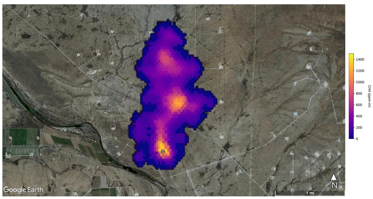 A plume of methane – a potent greenhouse gas about 80 times more effective at trapping heat in the atmosphere than carbon dioxide – is detected flowing from an area southeast of Carlsbad, New Mexico, in an image that uses data from NASA's Earth Surface Mineral Dust Source Investigation (EMIT) mission. The 2-mile (3.3-kilometer) long plume originates in an area known as the Permian Basin, which spans parts of southeastern New Mexico and western Texas and is one of the largest oilfields in the world.  EMIT uses an imaging spectrometer to detect the unique pattern of reflected and absorbed light – called a spectral fingerprint – from various materials on Earth's surface and in its atmosphere. Perched on the International Space Station, EMIT was originally intended to map the prevalence of minerals in Earth's arid regions, such as the deserts of Africa and Australia. Scientists verified that EMIT could also detect methane and carbon dioxide when they were checking the accuracy of the image spectrometer's mineral data.  The data for these images was collected by EMIT in August 2022.  Scientists estimate flow rates of 20.2 tons (18.3 metric tons) per hour at the Permian site, 55.6 tons (50.4 metric tons) per hour in total for the Turkmenistan sources, and 9.4 tons (8.5 metric tons) per hour at the Iran site. While quite large, these emission rates are broadly consistent with previous studies of locations like the Permian Basin, as well as emission source types like landfills. The Turkmenistan example has a similar magnitude to the 2015 Aliso Canyon Blowout.  https://photojournal.jpl.nasa.gov/catalog/PIA25592